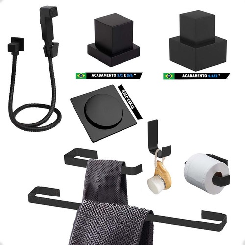 Kit De Banheiro Preto Com Ralo Ducha E Acabamentos De Registro com Ralo 15x15 preto