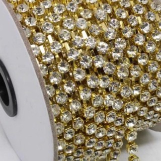 Corrente de Strass Brilhante Dourada Prata 2 Metros Artesanato Colagem Bolsas Roupas
