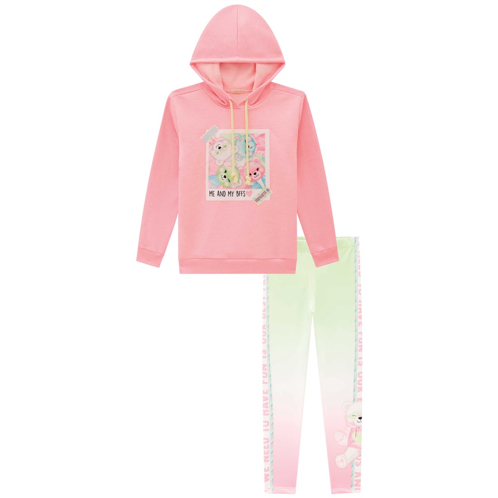 Conjunto Infantil Blusão em Moletom Alongado c/Capuz Ursinhos Fofos Neon e Calça Legging em Termoskin - Infanti