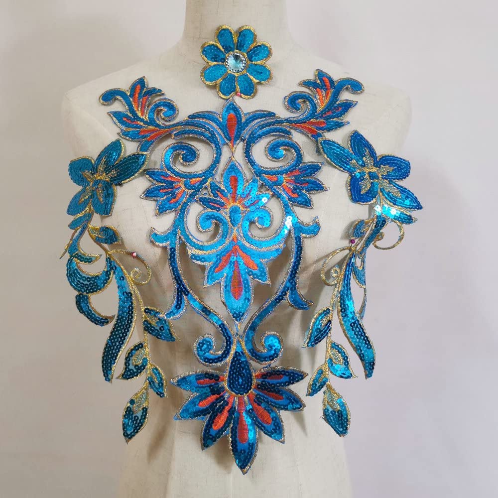 1 Pedaço De Lantejoulas Azuis Bordadas Com De Casamento Bordados Colarinho De Malha De Costura Em Patches Reparo