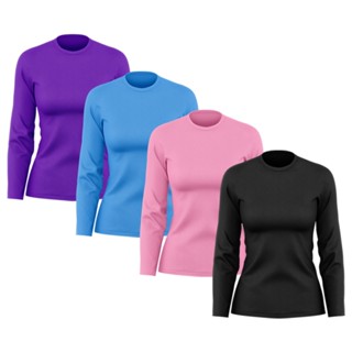 Kit 4 Camisetas Feminina Manga Longa Dry Fit Básica Lisa Proteção Solar UV Térmica Blusa Academia Esporte Praia