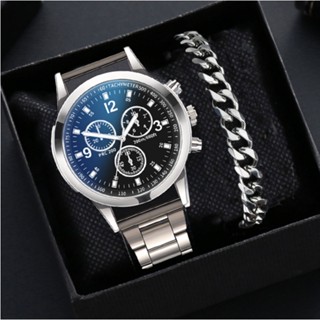 【 Relógio+pulseira 】 Luxury Relógio De Quartzo Para Homens De Negócios Aço Inoxidável Redondo