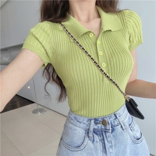 Versão Coreana Slim Short Top Retro Pequeno Lapela Camiseta De Manga Curta De Malha Para Mulheres
