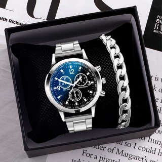 【 Relógio + bracelet 】 Men Casual De Quartzo Com Pulseira De Aço Inoxidável