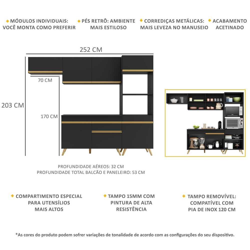 Detalhes do Cozinha Compacta 4 pç c/ Armário e Balcão MP3690 Veneza GB Preta