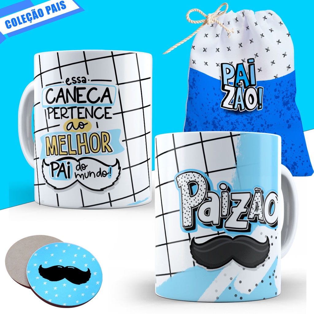 Caneca Dia dos Pais Lembrancinha Presente Pai Personalizado Padrasto Avô Avo Porta Copo Saquinho Porcelana Cesta