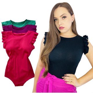 Body Feminino Manga Plissada Grapeada Babado Malha Canelada