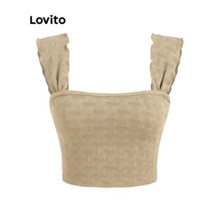 Lovito Regata Plissada com Babados Lisa e Casual para Mulheres L55AD002 (Caqui/Azul)