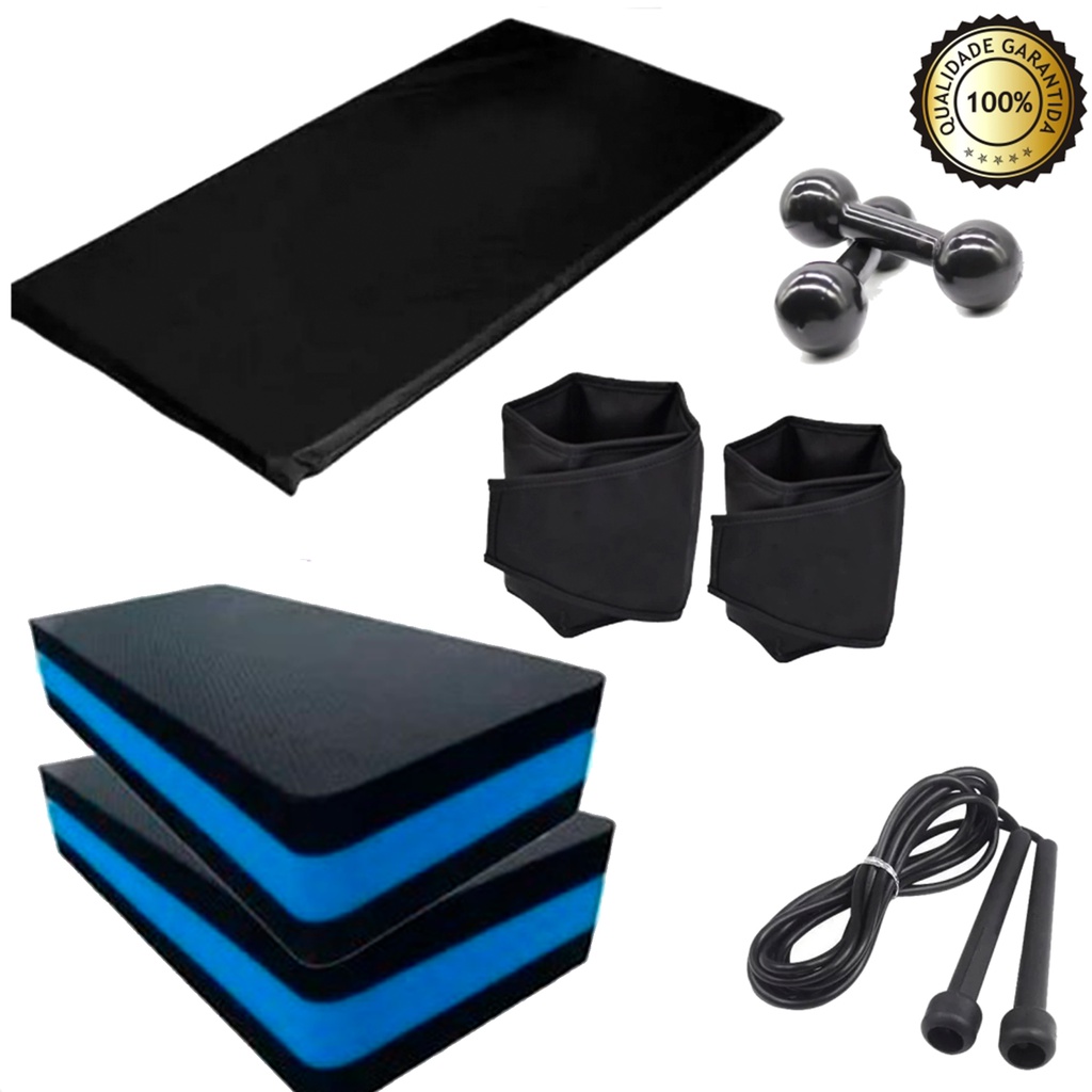Kit Treino em Casa funcional Academia completa - Caneleira 2 Kg + 2 Step + Corda + Halter 2kg + Colchonete