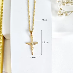 Corrente Cordão Colar Pingente Cruz com Cristo Banhado A ouro 18k