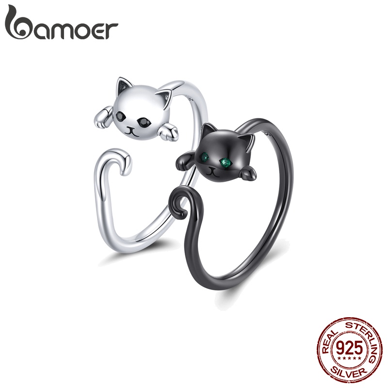 Prata Bamoer 925 Sterling Simples Gato Anel Aberto Tamanho Ajustável Jóias De Moda Para Mulheres