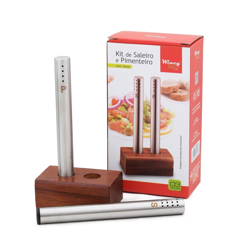 Saleiro e pimenteiro em aço inox com base de madeira Wincy