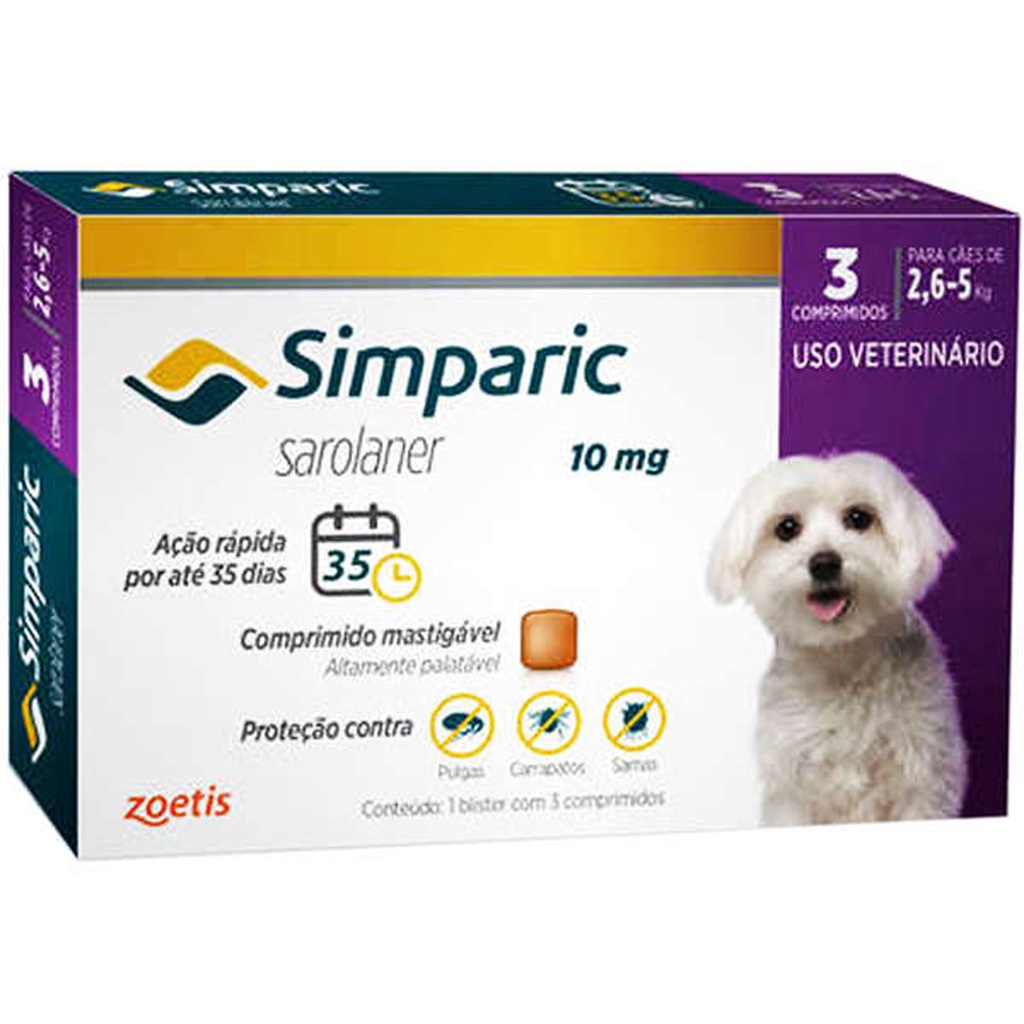 Simparic 10 mg para Cães de 2,6 a 5 Kg - 3 Comprimidos - Pets