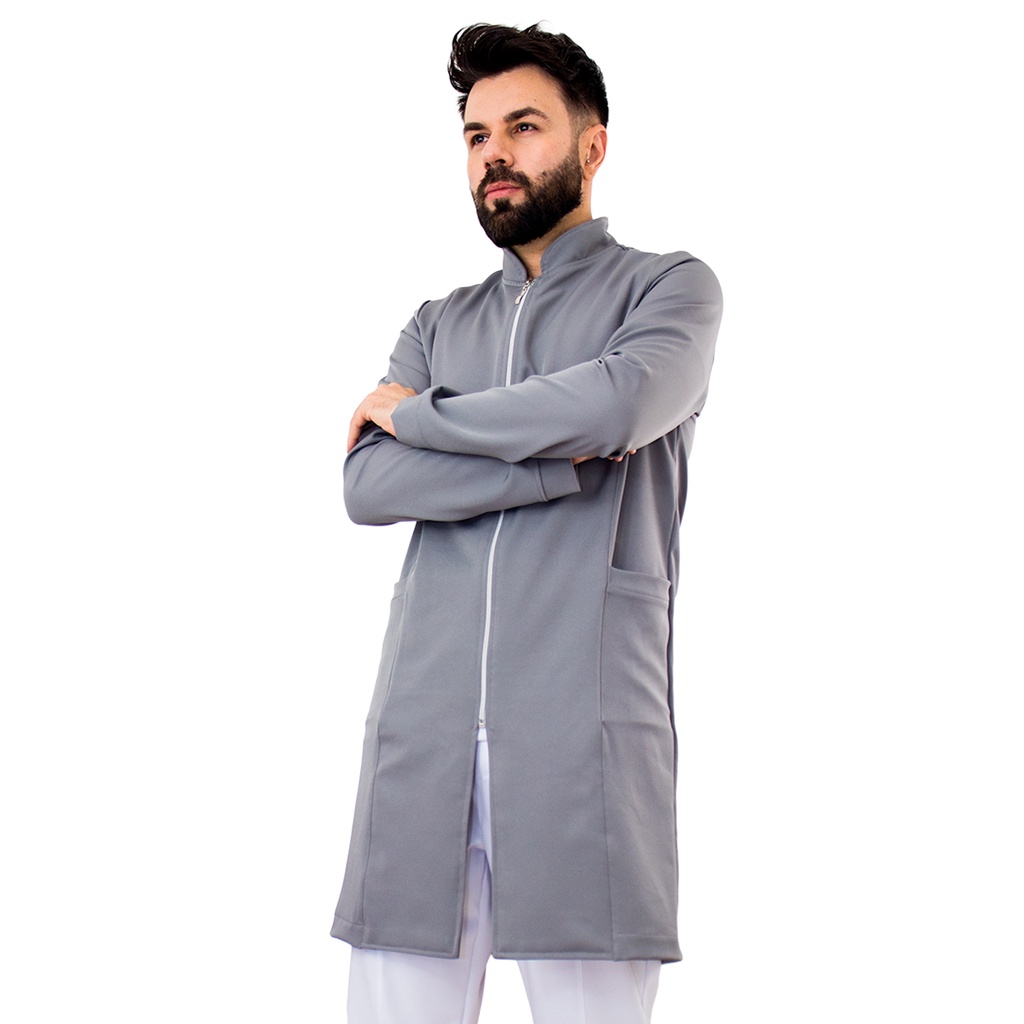 Jaleco Slim Masculino Gola Padre Zíper Elastano Manga Longa Cinza Chumbo Consultório Dentista Veterinário