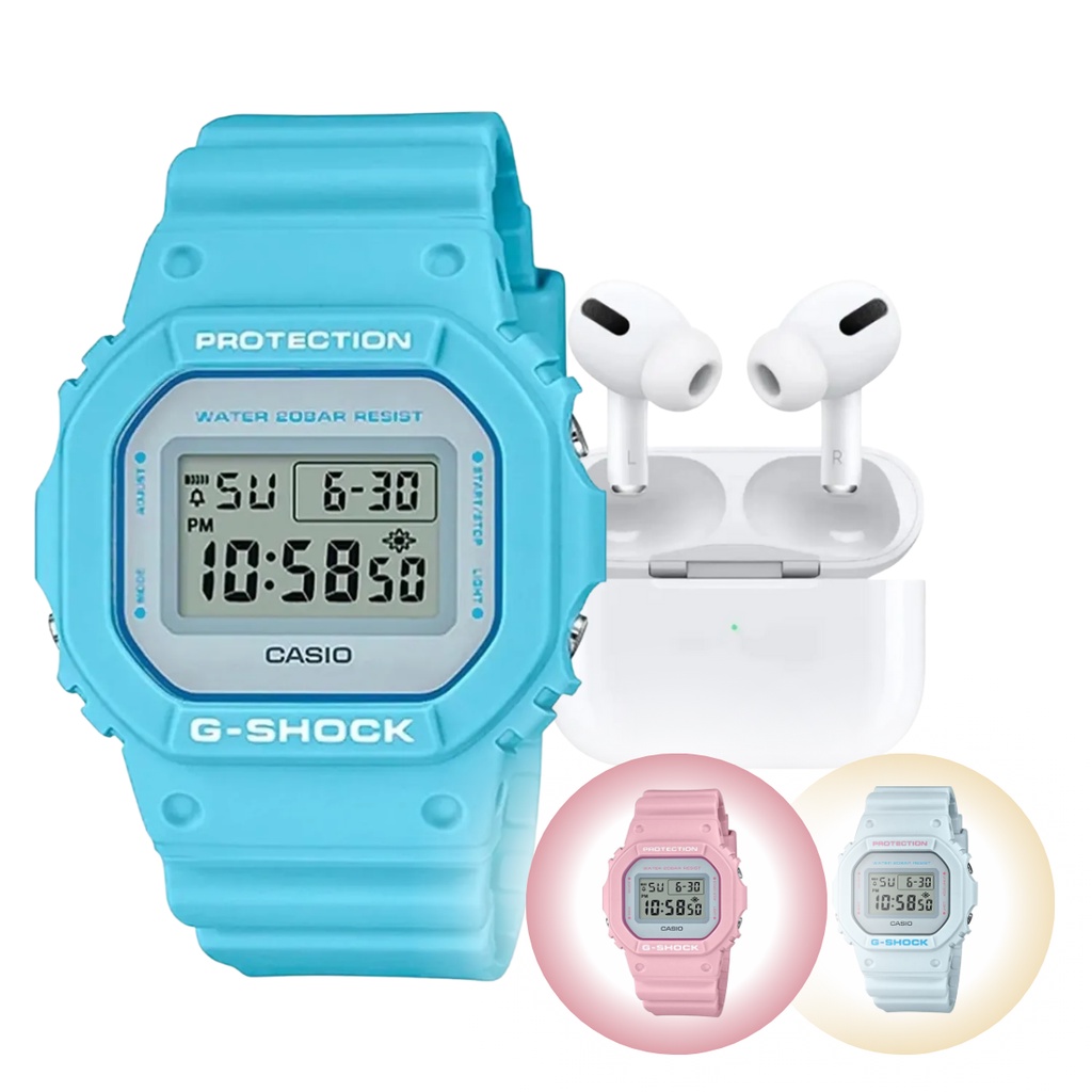 Kit Relógio de Pulso Casio G-Shock Digital Original Feminino Maculino Jovem Prova Dágua 200 Mertros Resistente á Shock Azul Rosa DW-5600SC + Fone Ouvido Bluetooth