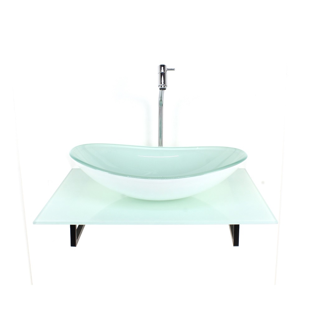 KIT CUBA DE VIDRO OVAL COM TAMPO 60CM BRANCO FULL E SUPORTE PRETO