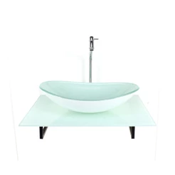 KIT CUBA DE VIDRO OVAL COM TAMPO 60CM BRANCO FULL E SUPORTE PRETO