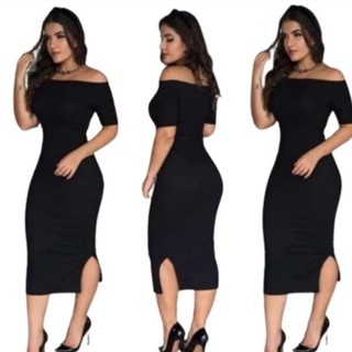vestido canelado ombro a ombro até o GG (46) manga curta feminino Midi tubinho com fendas laterais