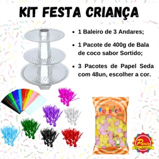 Kit Festa Criança Bala de coco sabor Sortido 400g + Baleiro 3 Andares + 3 Papel Seda para Bala Franja 48un