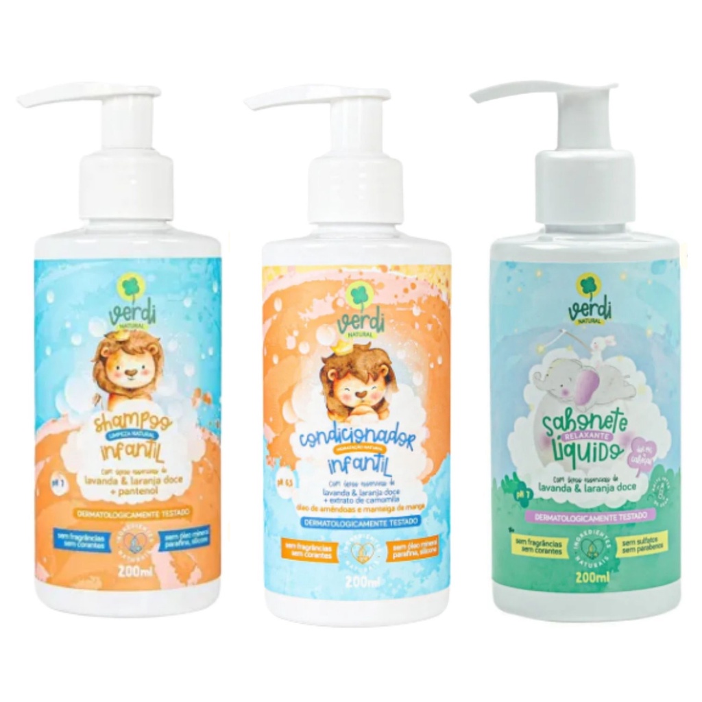 Shampoo + Condicionador Infantil Vegano Ingredientes Naturais Óleos Essenciais + Sabonete Líquido