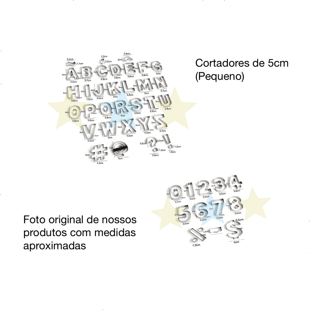Cortador de biscoito Pequeno Alfabeto Letras e Números 5cm Kit c/45 cortadores - Massas - Bolos - Pasta Americana