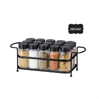 Porta Tempero Condimento 15 Potes Vidro Tampa Dosadora Suporte Preto Organização Cozinha
