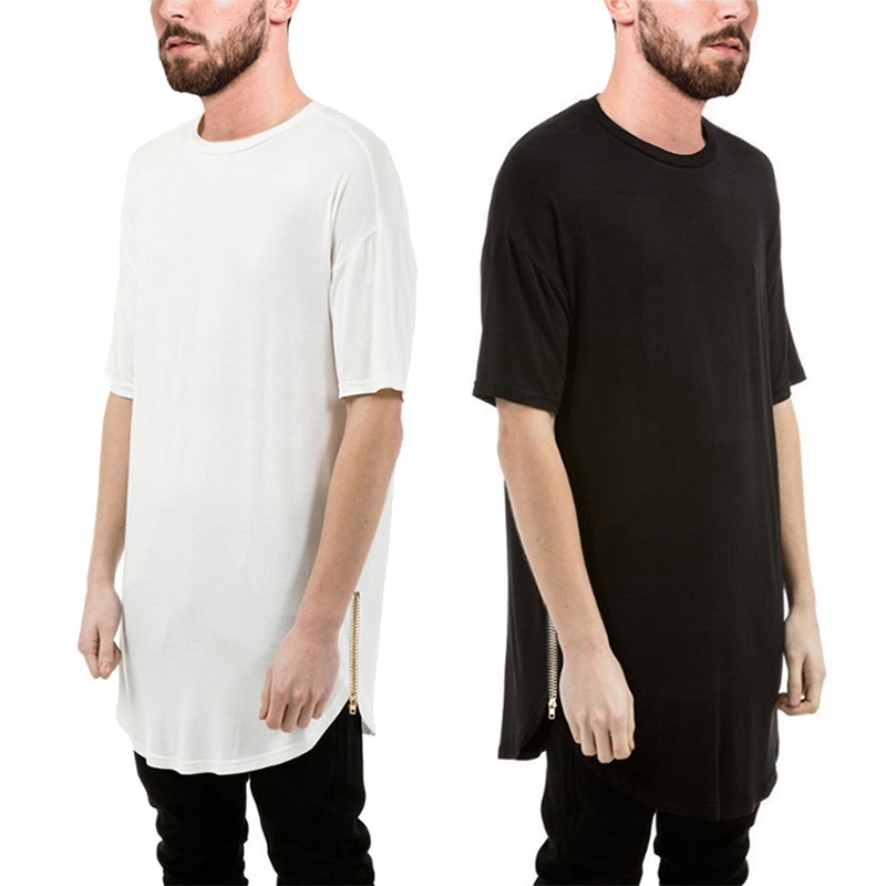 Verão Masculino Casual Camiseta Curva Bainha Lateral Com Zíper Manga Curta Streetwear Chegam Novas Linha Longa Estilo Hi
