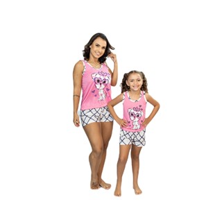Kit Pijama Mãe e Filha Baby Doll Regata Cachorro com Oculos