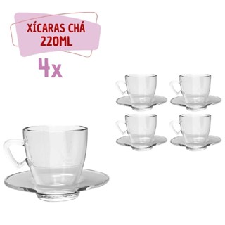Kit 4 Xícaras Chá Vidro 220mL C/ Pires Moderna Transparente em Oferta na Shopee