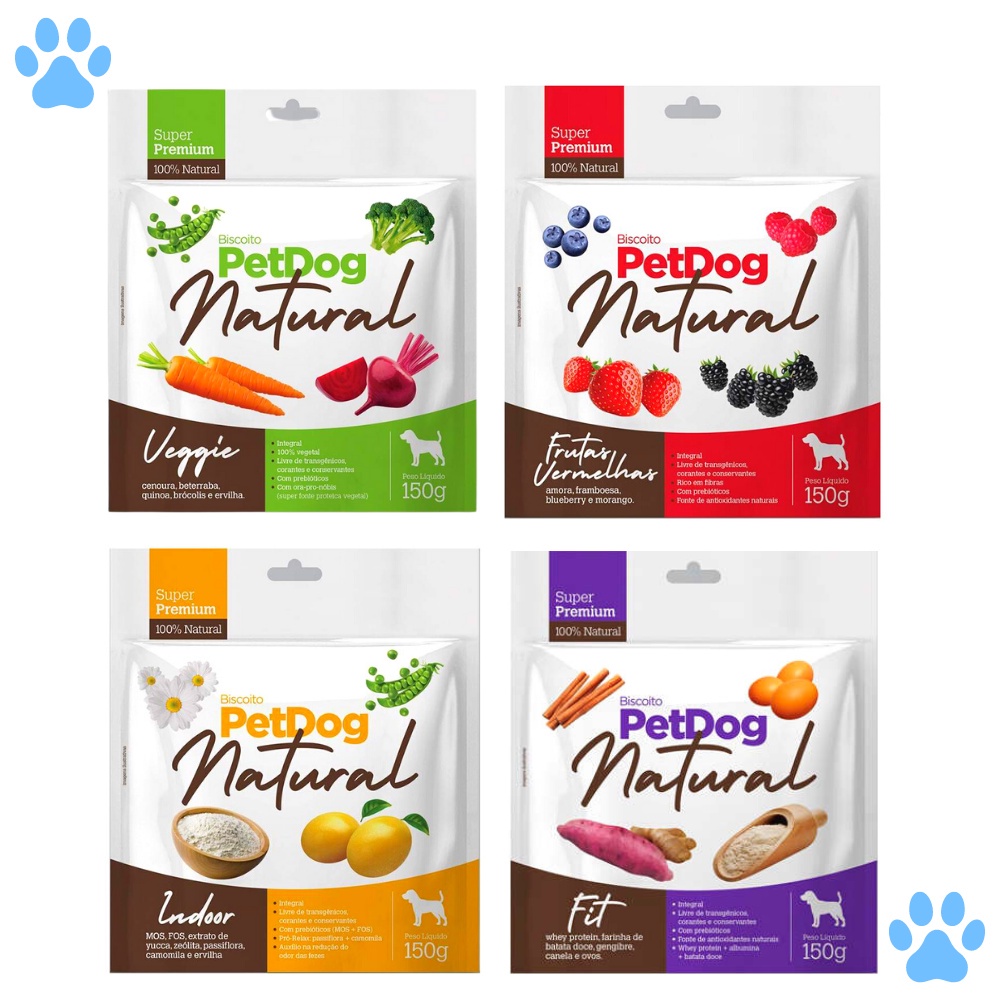 Kit 4 Petisco Biscoito Natural para Cachorro PetDog Premium Veggie + Indoor + Fit + Frutas Vermelhas