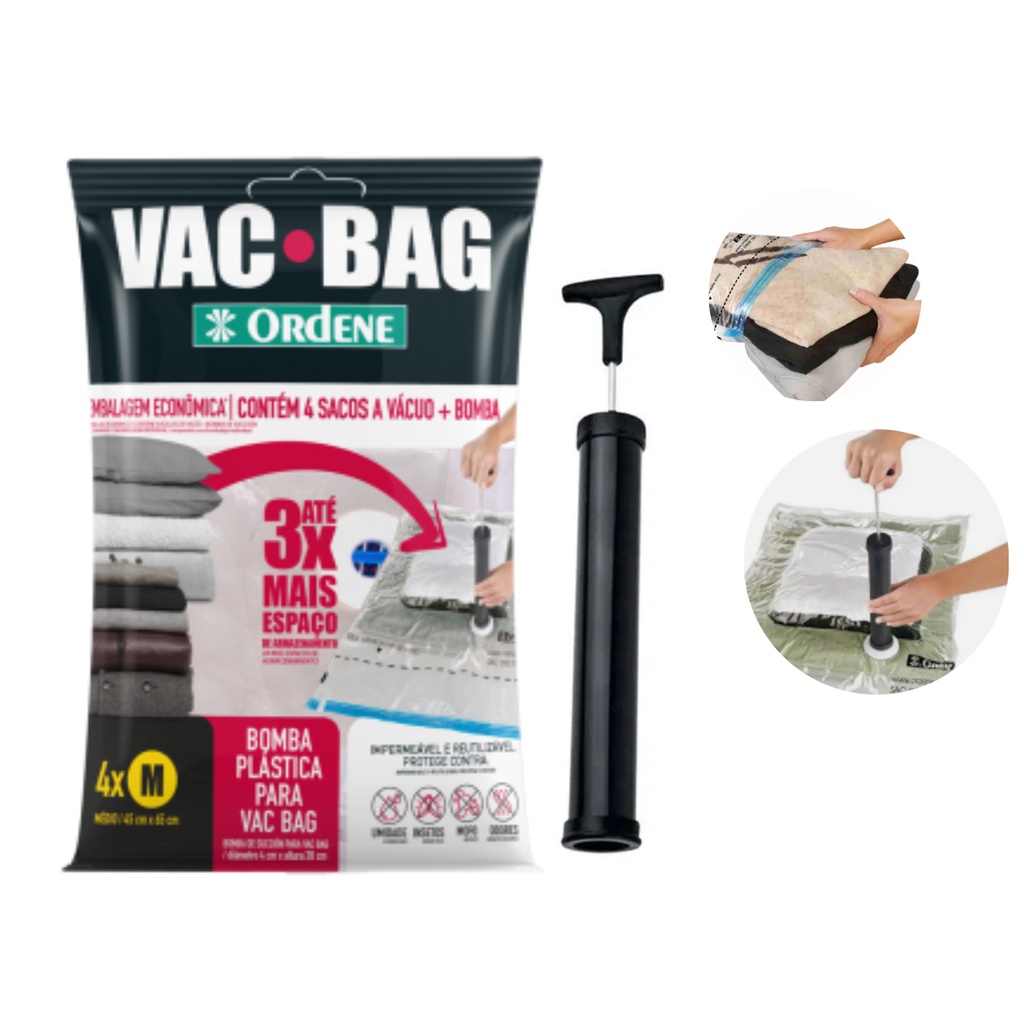 Saco Vacuo Viagem Vac Bag 4 Unidades Tamanho M+ Bomba  Compactar Roupas Mala Viagem Vacuo Poupar Espaço Armario