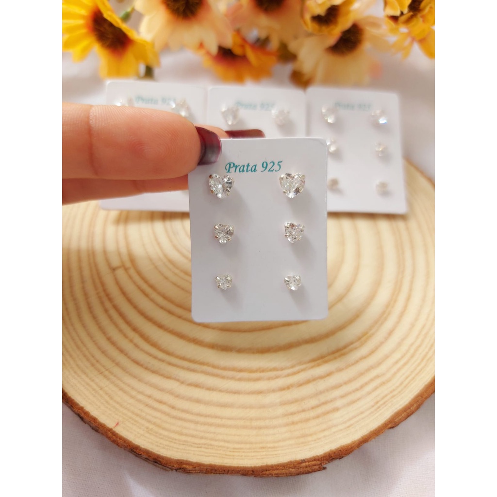 Trio Brincos De Coração Zircônia Prata 925 Legítima 3 Furos em Oferta na Shopee