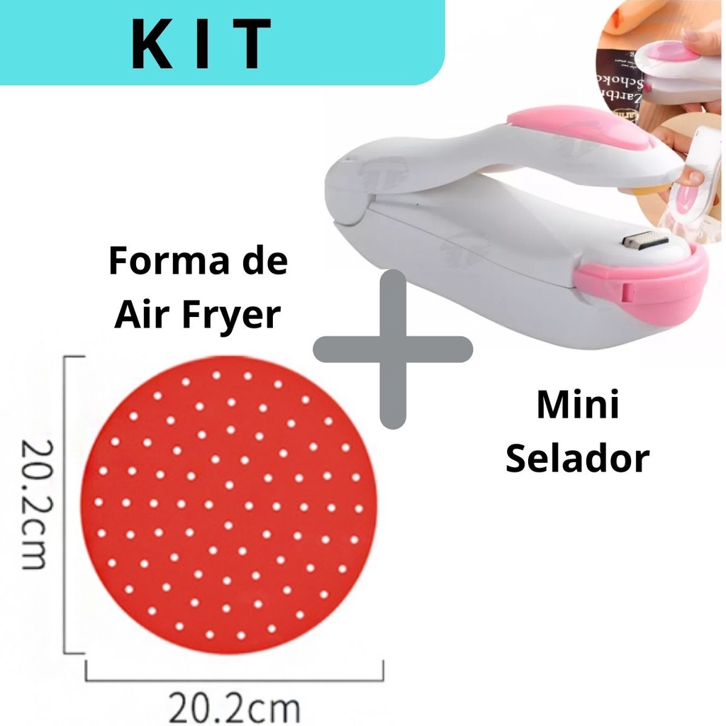 Kit Tapetes de Silicone para Air Fryer e Mini Seladora para Lacrar Sacos