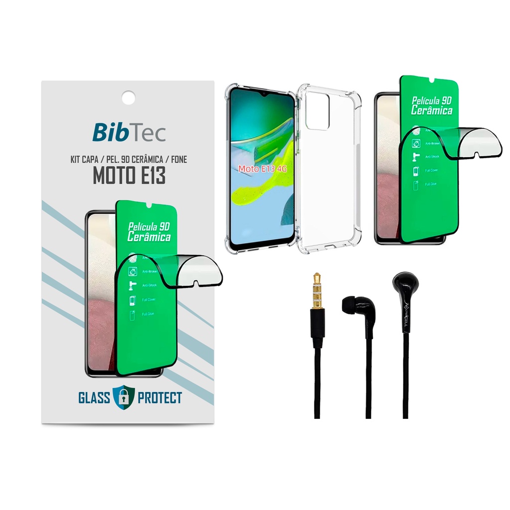 Kit Película 9D Cerâmica + Capa Transparente + Fone de Ouvido Motorola MOTO E13