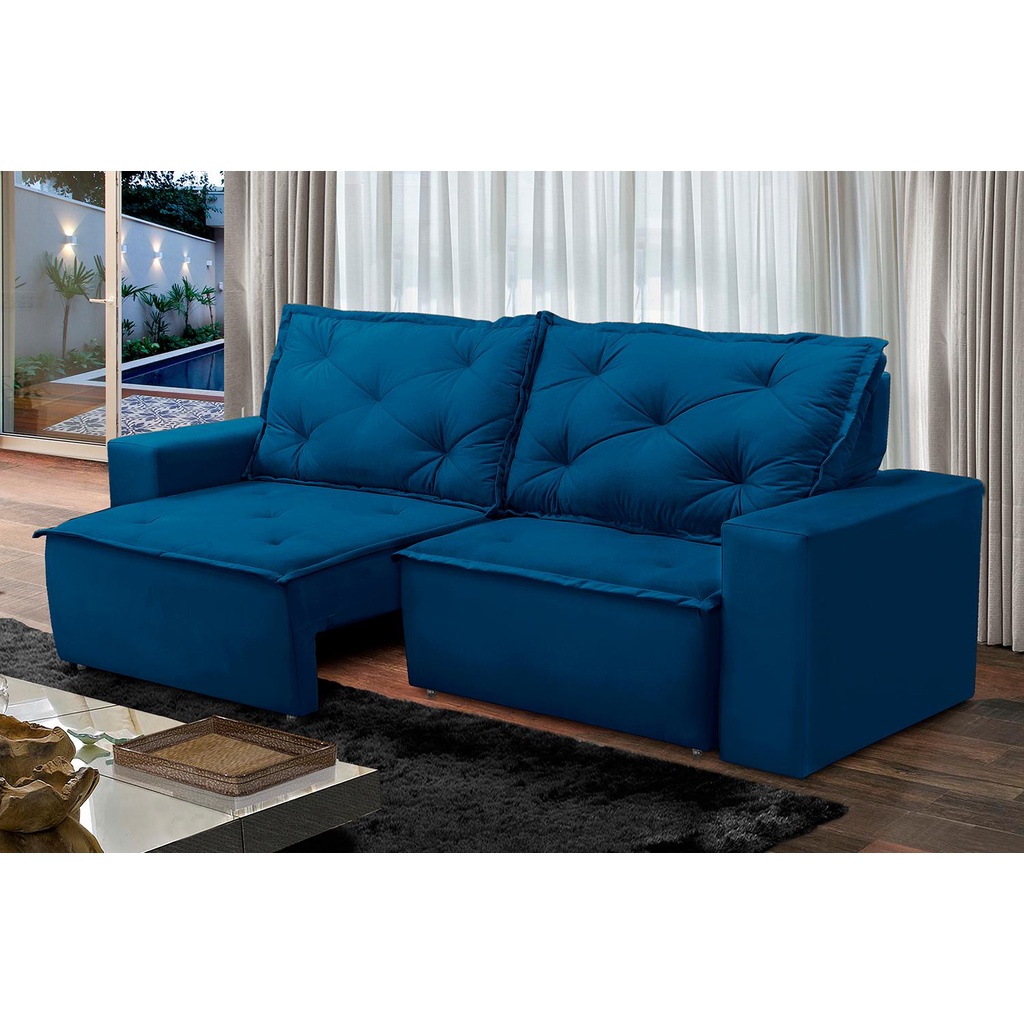 Sofá Retrátil e Reclinável 3 lugares com Molas 2,00m Ana Suede Azul Adonai Estofados - Home & Living