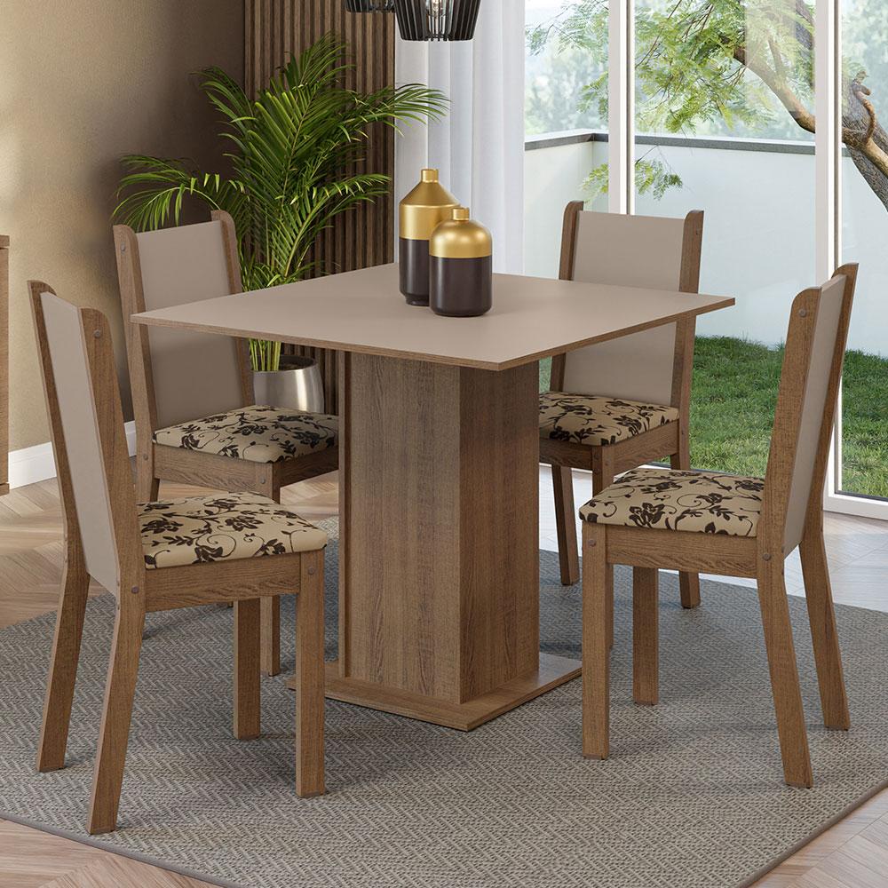 Conjunto Sala de Jantar Mesa Tampo de Madeira 4 Cadeiras Rustic/Crema/Bege Marrom Alana Madesa - Home & Living
