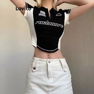 Lovito Casual Camiseta Feminina de Texto Colorblock Cropped com Patch Manga Curta e Gola Redonda LNE11144 (Preta e Branca)