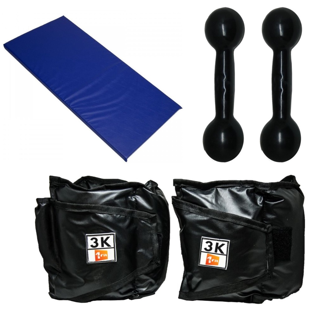 Kit Colchonete Azul + Par de Caneleira 3Kg + Par de Halter Emborrachado 3Kg