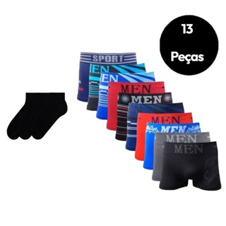 Kit 10 Cuecas Boxer Microfibra Adulto + 3 Pares Meias Algodão M3