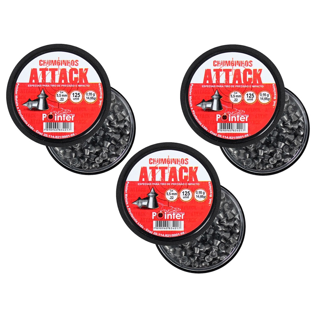 Kit 3 Pointer Attack 5.5mm Alto Impacto Perfurante Rossi CBC Fixxar Qgk Gamo Hatsan