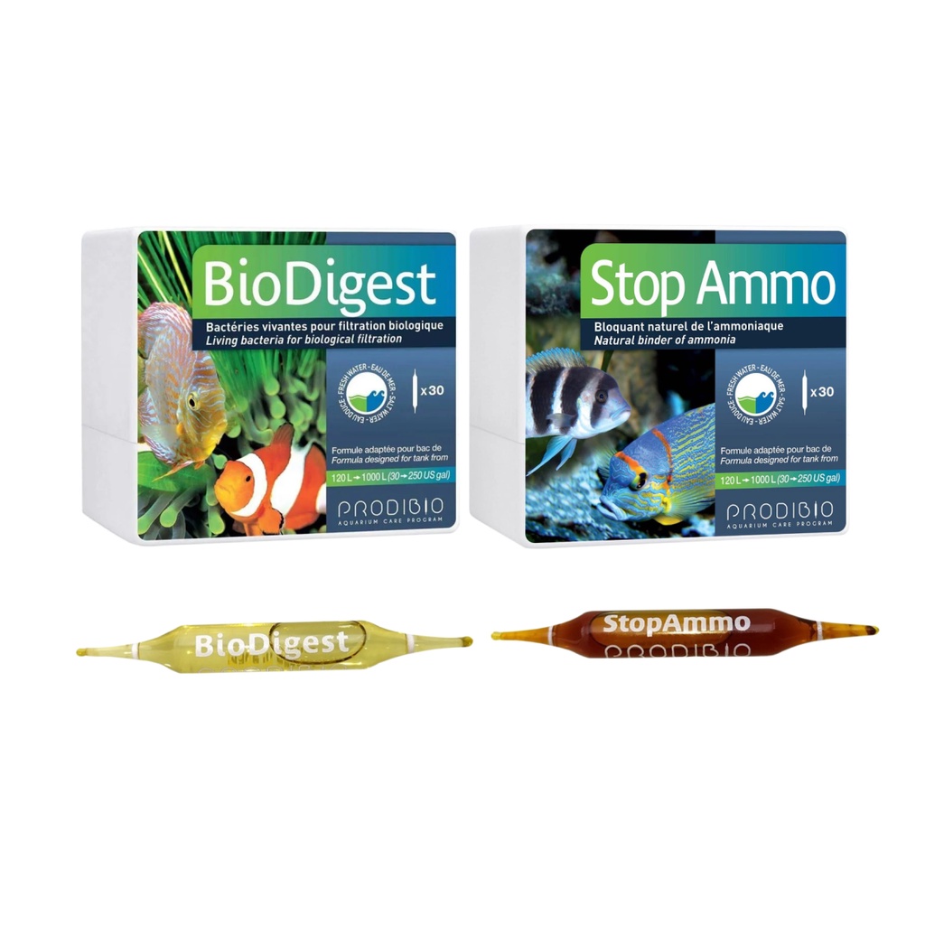 2 Ampolas Prodibio1 Stop Ammo 1 Biodigest Start UP Ciclagem Acelerador Bio. P/Aquário Doce e Marinho