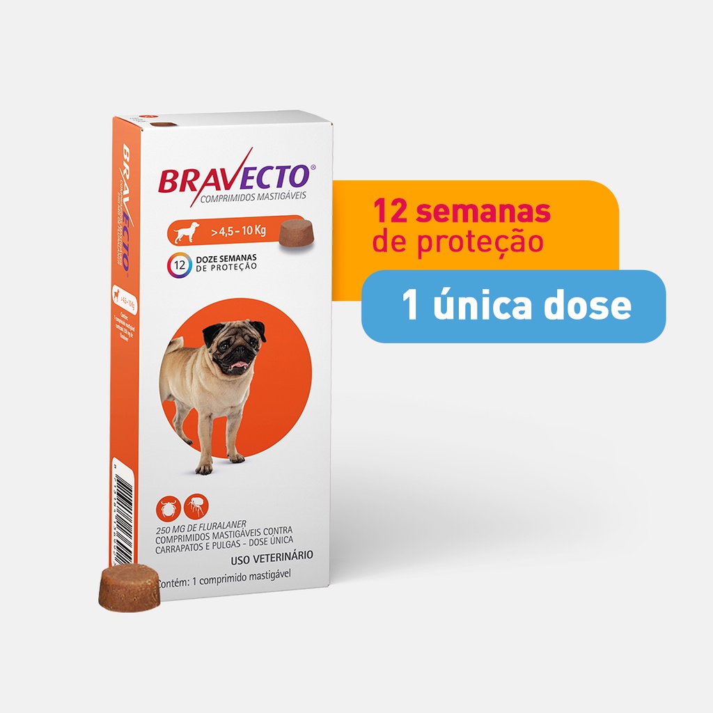 Antipulgas e Carrapatos MSD Bravecto para Cães de 4,5 a 10kg (250mg) em Oferta na Shopee