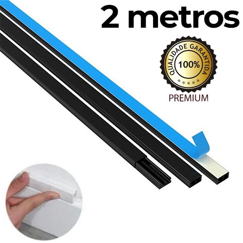 CANALETA PRETA 2 METROS COM FITA ADESIVA DUPLA FACE COLA ESCONDER FIOS 100CM PVC PLÁSTICO