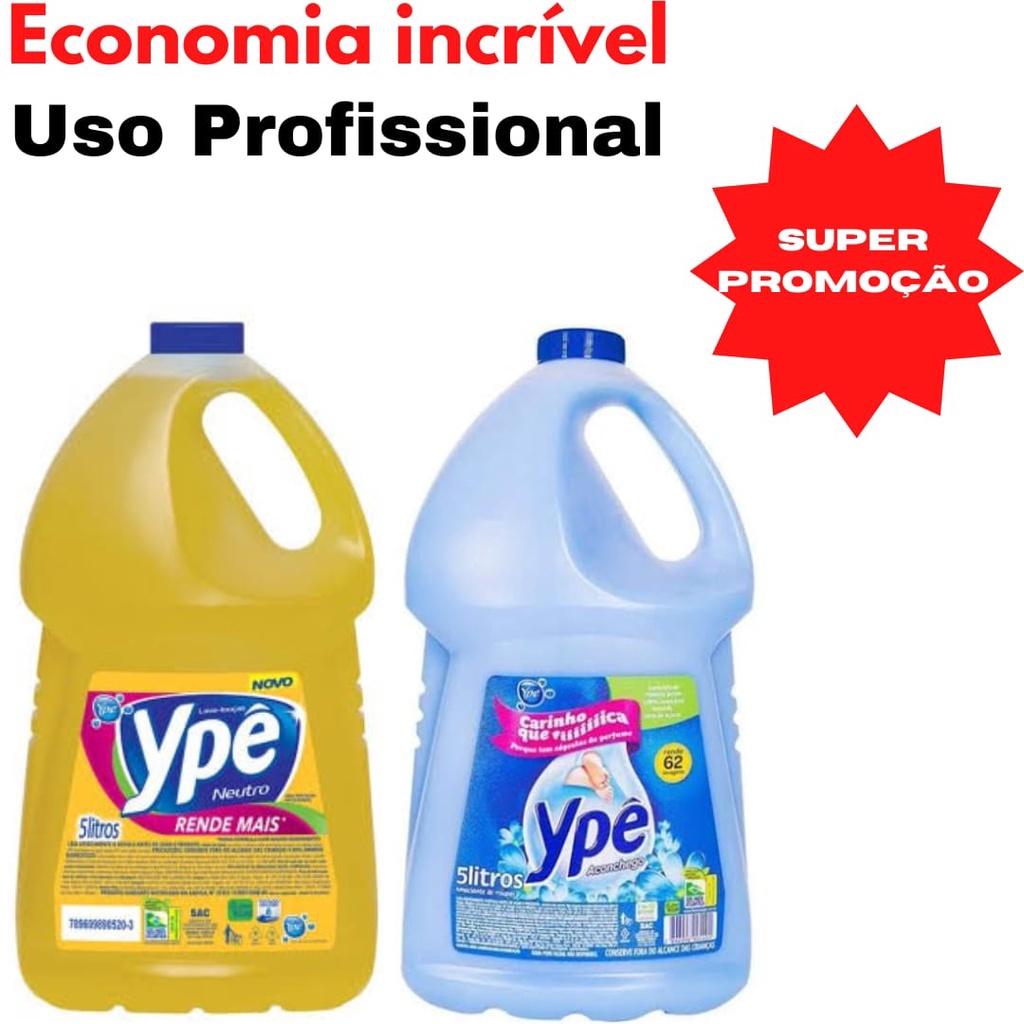 Kit detergente Ype 5 litros Neutro + 01 Galão Amaciante de Roupas Ypê 5 litros Envio Imediato