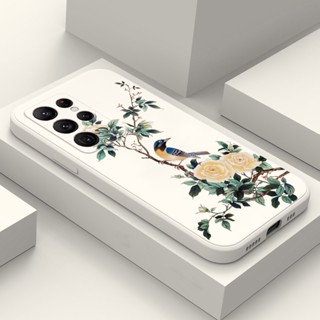 Compatível Para Samsung Galaxy S23 Ultra S22 Plus S21 S20 FE A32 A13 A23 A33 A73 A51 A71 A53 A52 A72 5G Nota 20 Flor E Pássaro Padrão De Borda Reta TPU Estojo De Telefone Macio