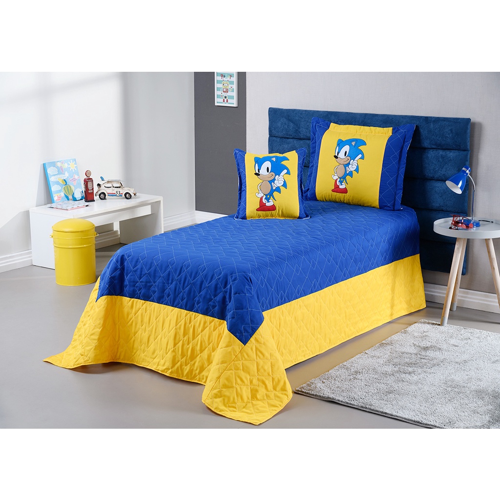 Kit Colcha de Solteiro Cobre Leito Quarto Infantil Menino 2 Peças Personagem Sonic Bordada