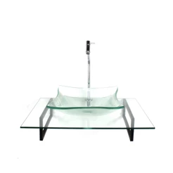 KIT CUBA DE VIDRO QUADRADA INCOLOR COM TAMPO 60CM INCOLOR E SUPORTE PRETO