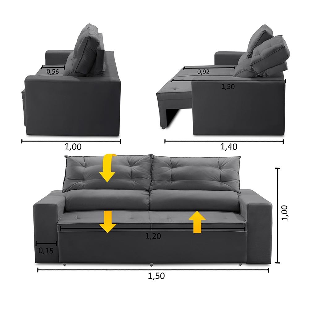Sofá Retrátil e Reclinável 2 lugares com Molas 1,50m Lais Suede Cinza Adonai Estofados