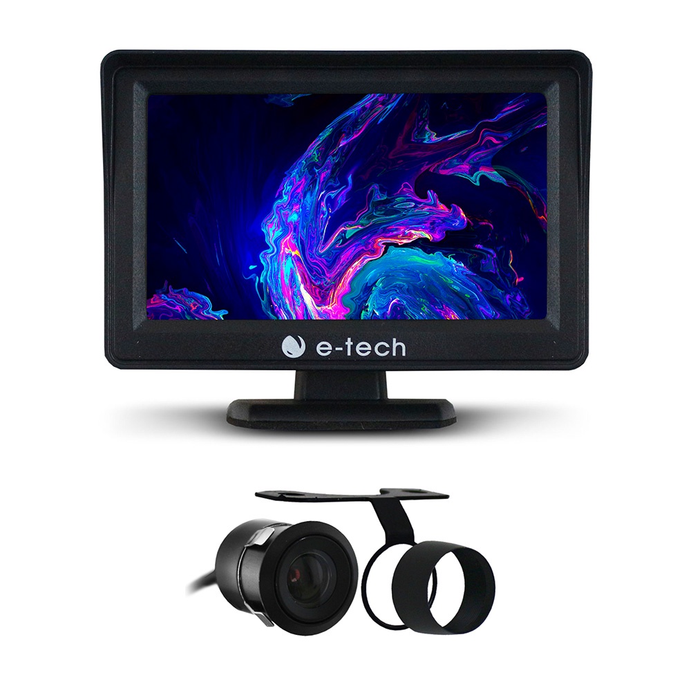Kit Tela Monitor Lcd 4.3 Polegadas Automotivo Veicular + Câmera Ré Estacionamento Automotiva Universal E-Tech em Oferta na Shopee