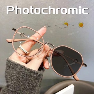 Moda Polígono Óculos Fotocromático Para Mulheres Homens Lentes Transição Anti Radiação Substituível De Sol Armação